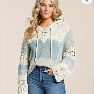 BKE Cream and Light Blue Striped Lace-Up Knit Sweater